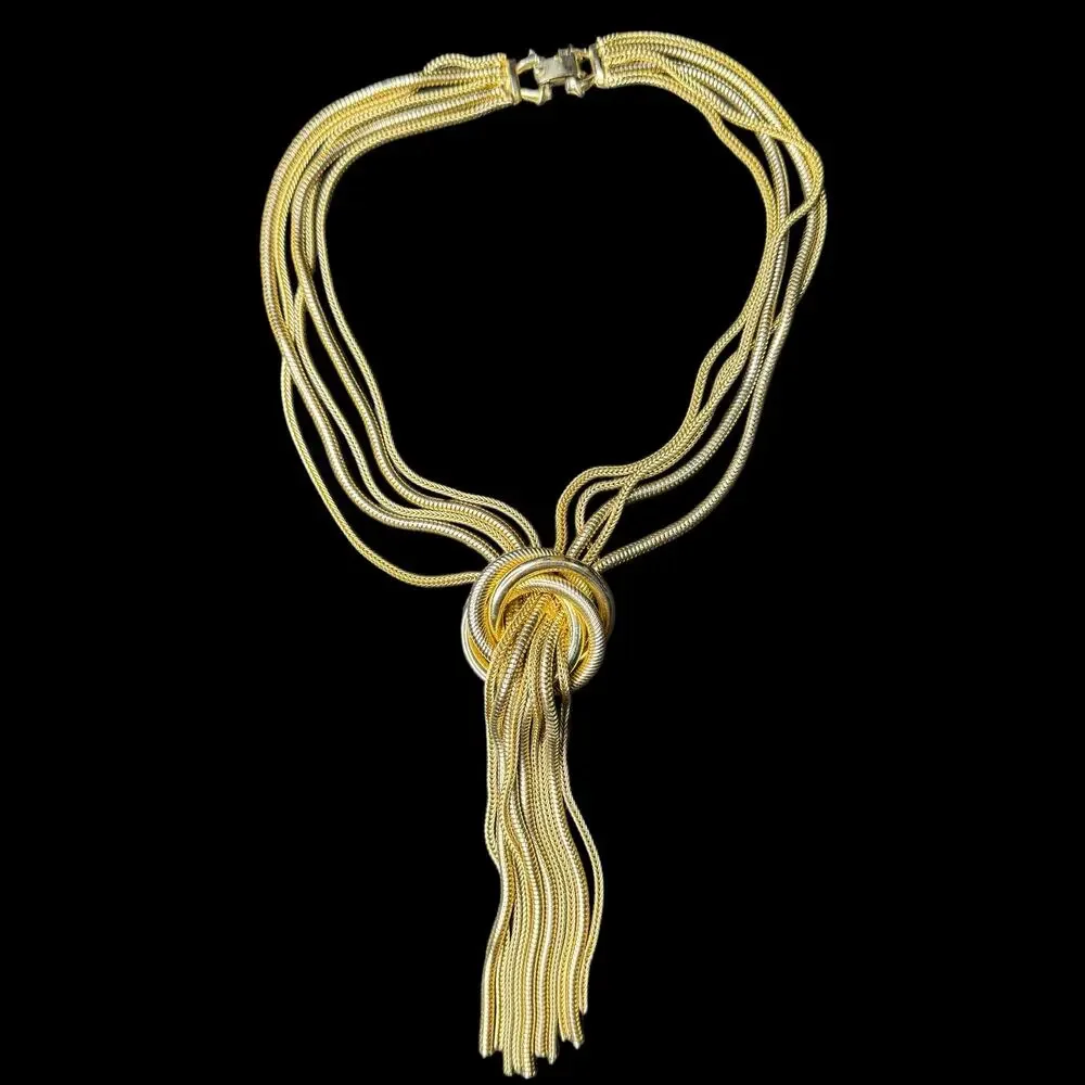 Vintage 60s Designer Costume Mulit Chain Knot Necklace Tassel Jewelry Unsigned